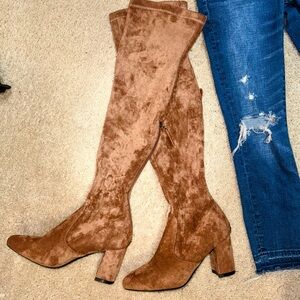 Tan Suede Over the Knee Boots with Chunky Heel